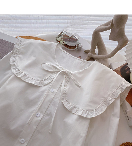 Lace up baby collar design shirt foreign style long sleeve top 6357