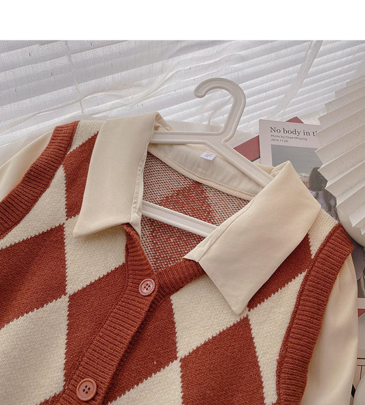 Korean retro Hong Kong style knitted Plaid stitched long sleeves 6339
