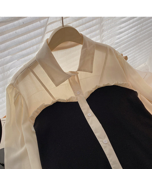 Fungus edge contrast long sleeve splicing shirt 6388