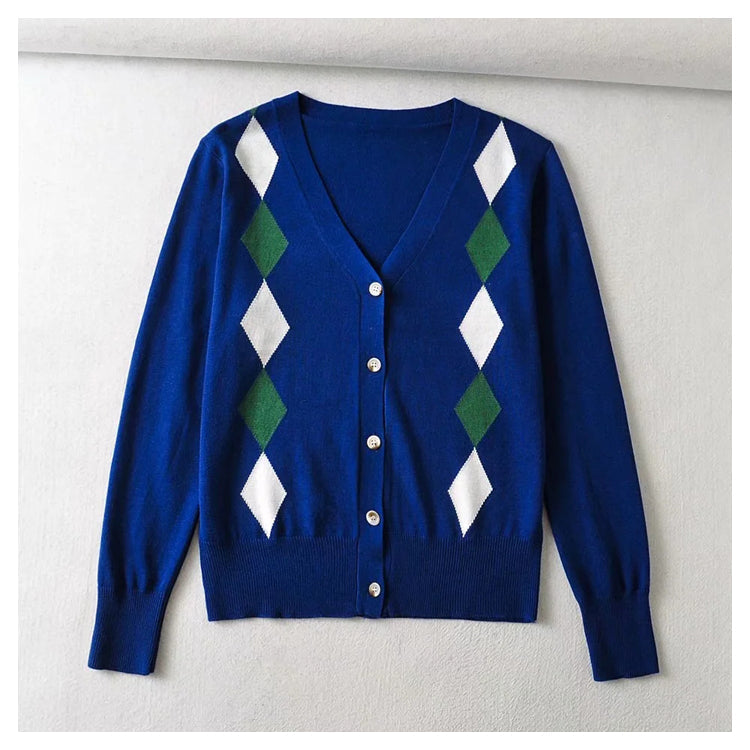 V-neck rhombic jacquard loose thin knit cardigan top 7443