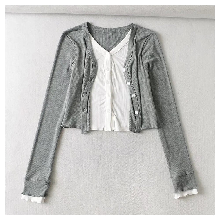 V-neck stretch slim short knit cardigan 7387