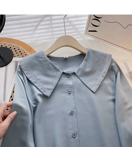 Solid color baby collar shirt long sleeve single breasted top 6422