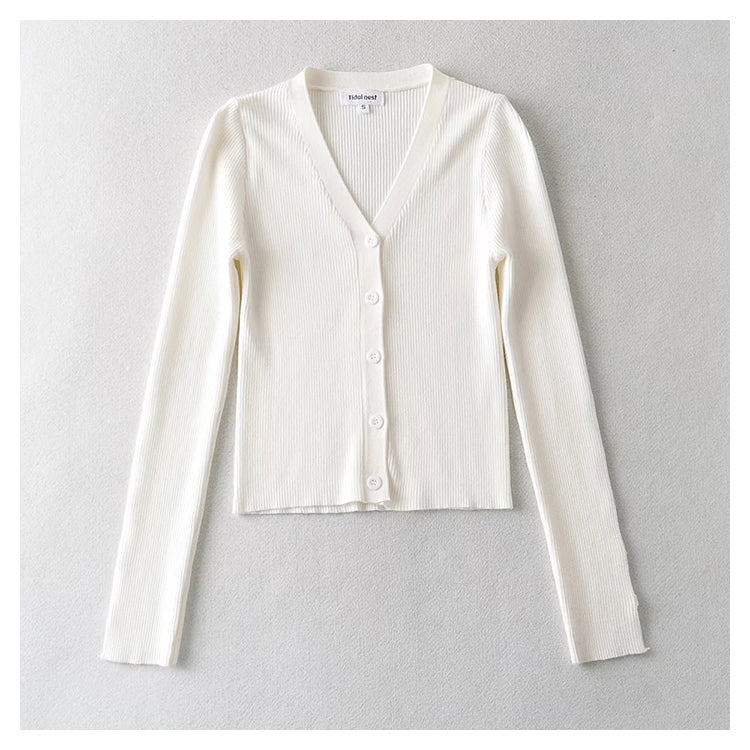 V-neck single breasted high waist open navel knitted cardigan 7385