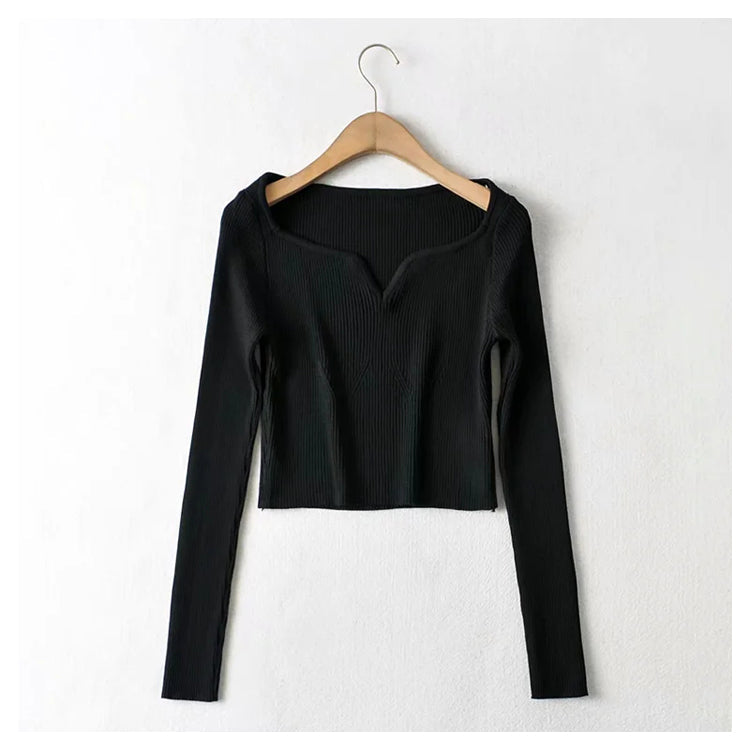 Versatile drip collar slim long sleeve short knit bottomed shirt 7314