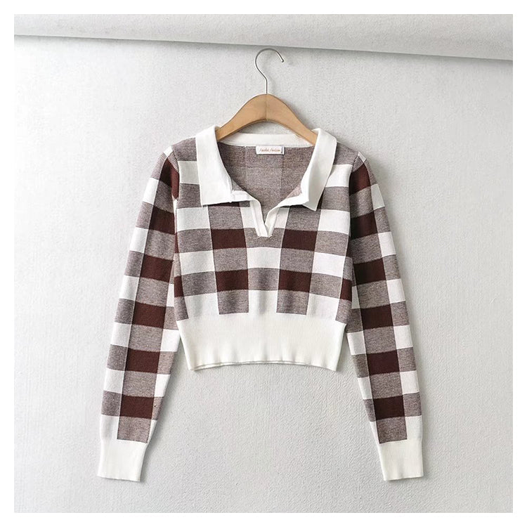 Vintage chessboard Plaid Polo neck T-shirt 7394