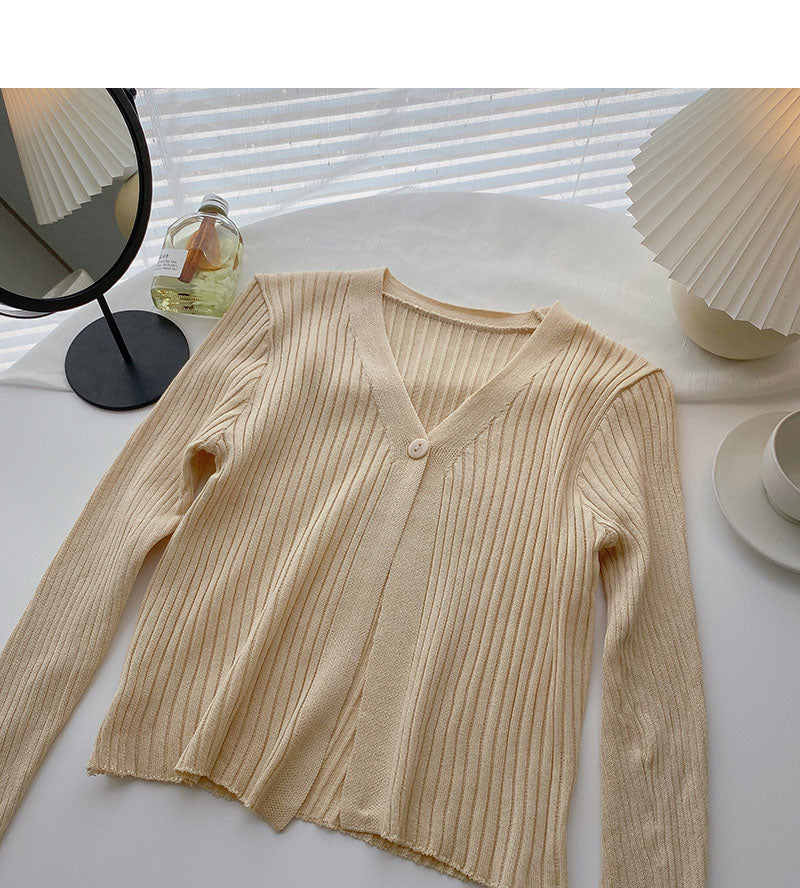 Candy V-neck one button cardigan versatile long sleeve short top 6534
