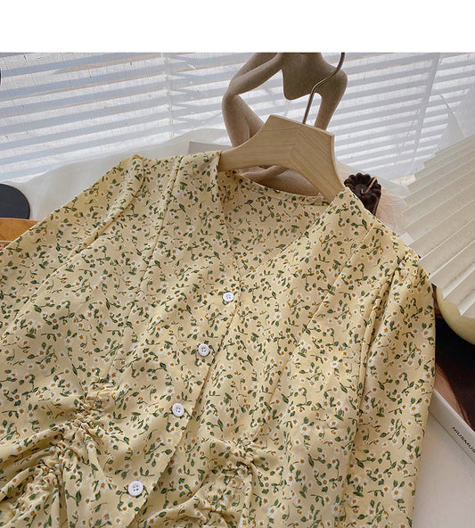 Design sense of foreign style floral shirt drawstring fold 6412