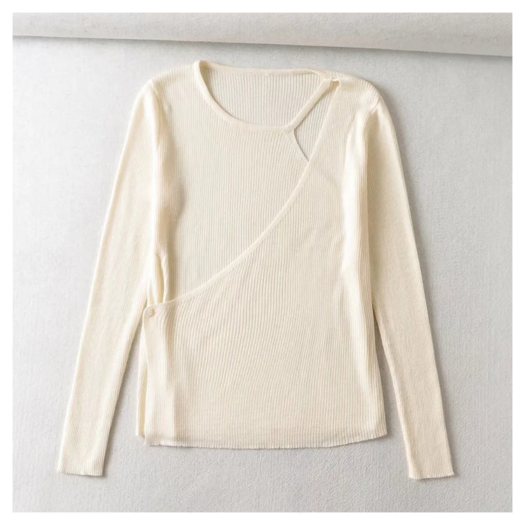 Design sense irregular round neck slim fit pure color versatile knitted cardigan 7367