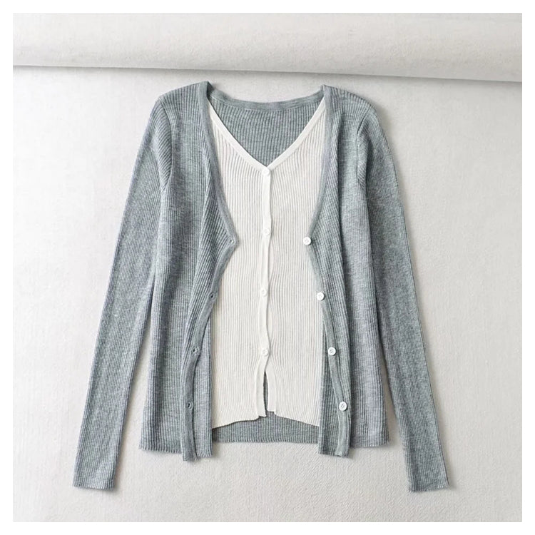 V-neck breasted color contrast fake two slim knit Cardigans 7471
