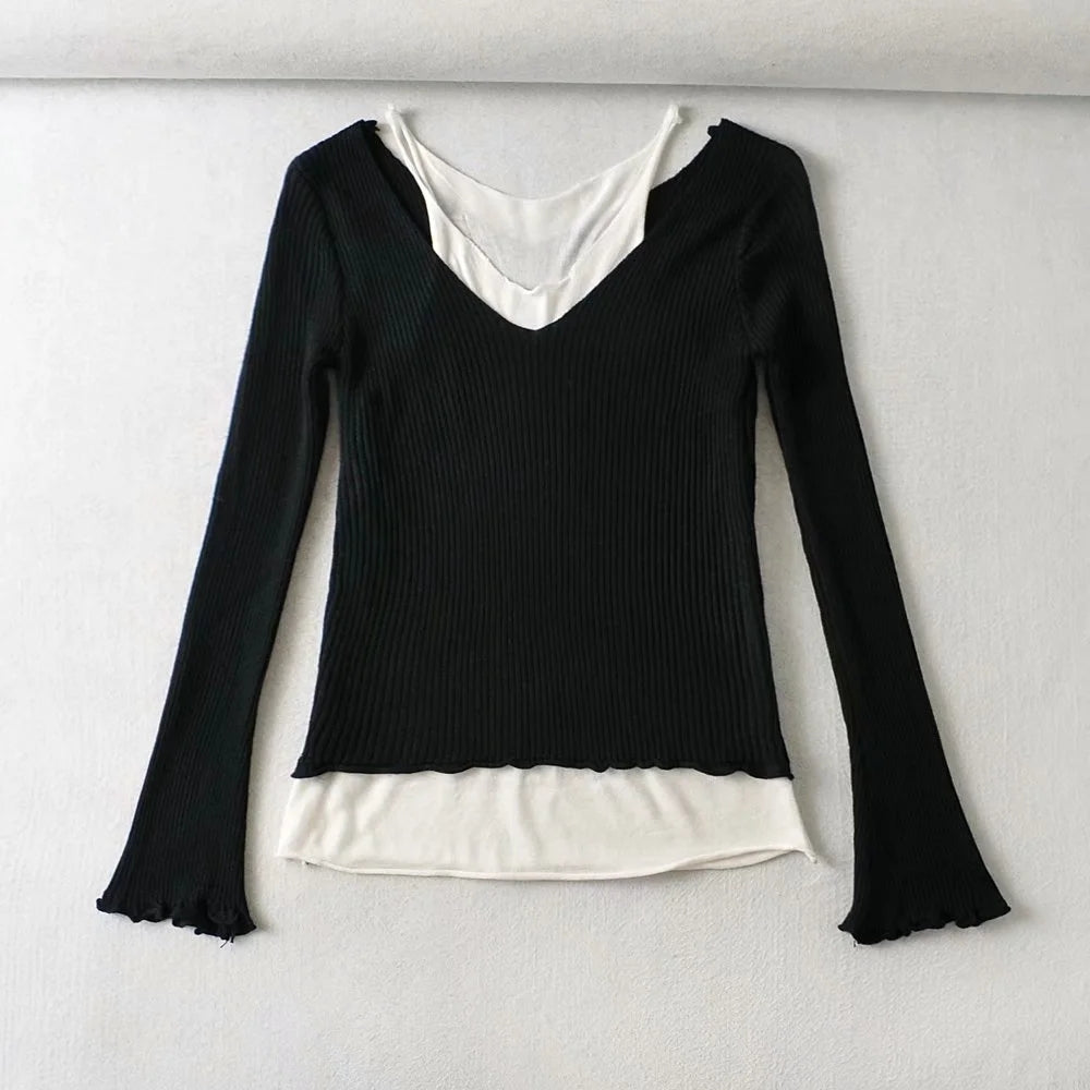 Design sense versatile fake two off shoulder contrast slim fit knitwear 7386