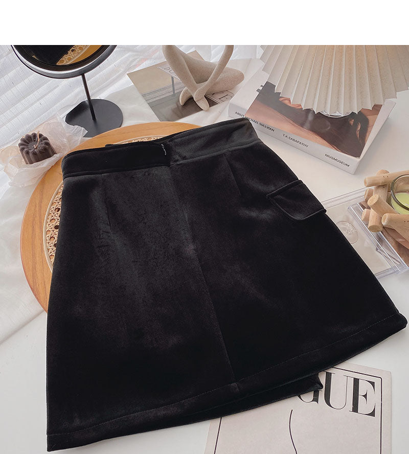 Golden velvet skirt irregular personality button high waist 5361