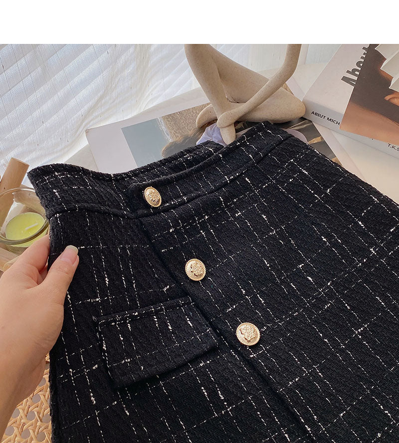 Irregular design high waist single breasted A-line slim plaid skirt 5320