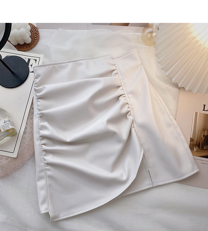High waist pleated design, irregular, slim, hip wrapped leather skirt 5323