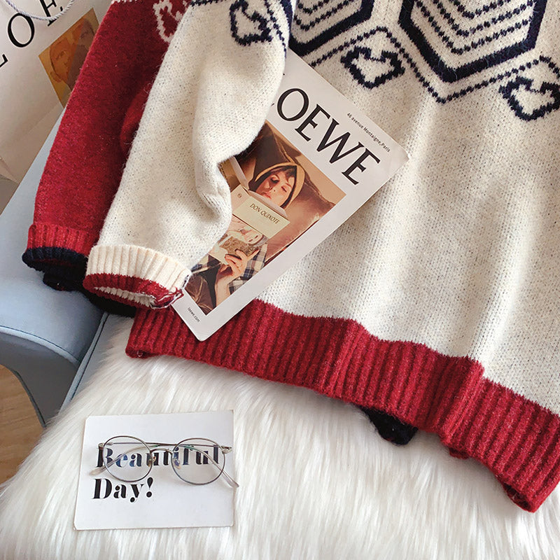 Korean design contrast color love sweater coat 5188