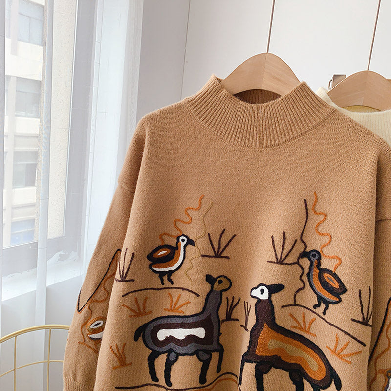 Heavy industry embroidery sweater retro Hong Kong Style half high collar 5160