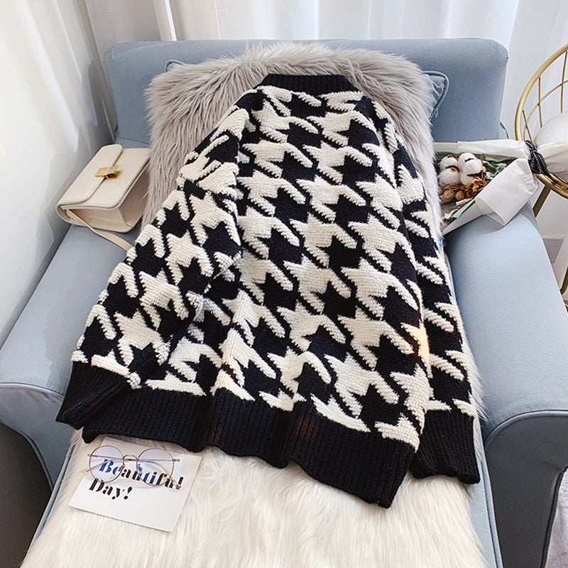 Qianniao check cardigan sweater xiaoxiangfeng knitted coat 5087