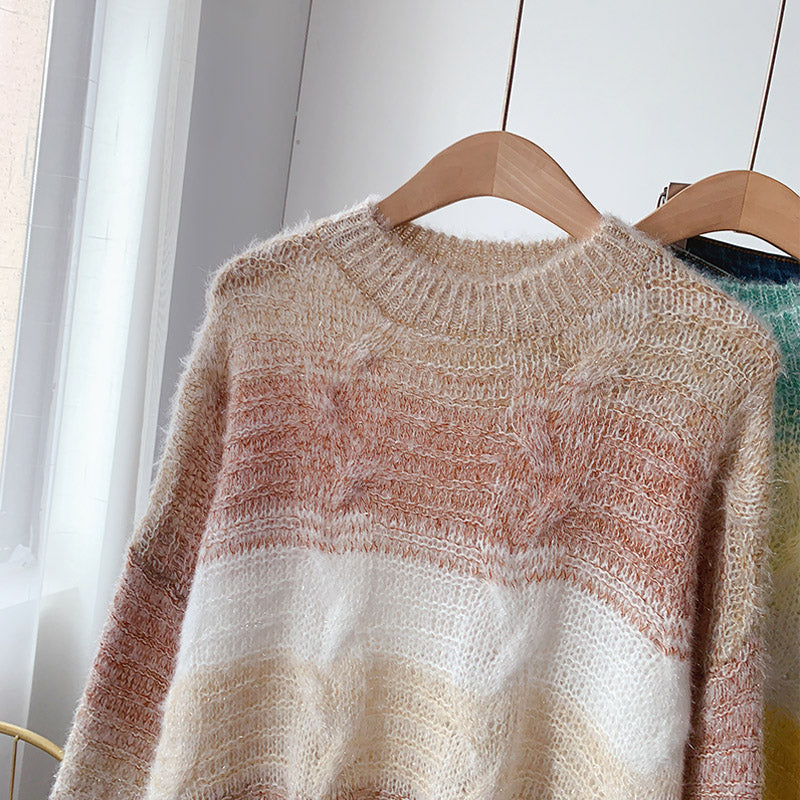 Gradient soft waxy color knitted Mohair loose Pullover Sweater 5078