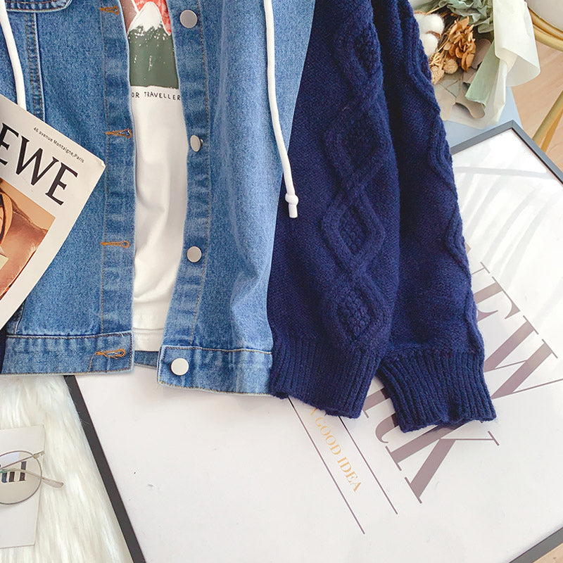 Denim sweater splicing coat versatile knitted cardigan 4965