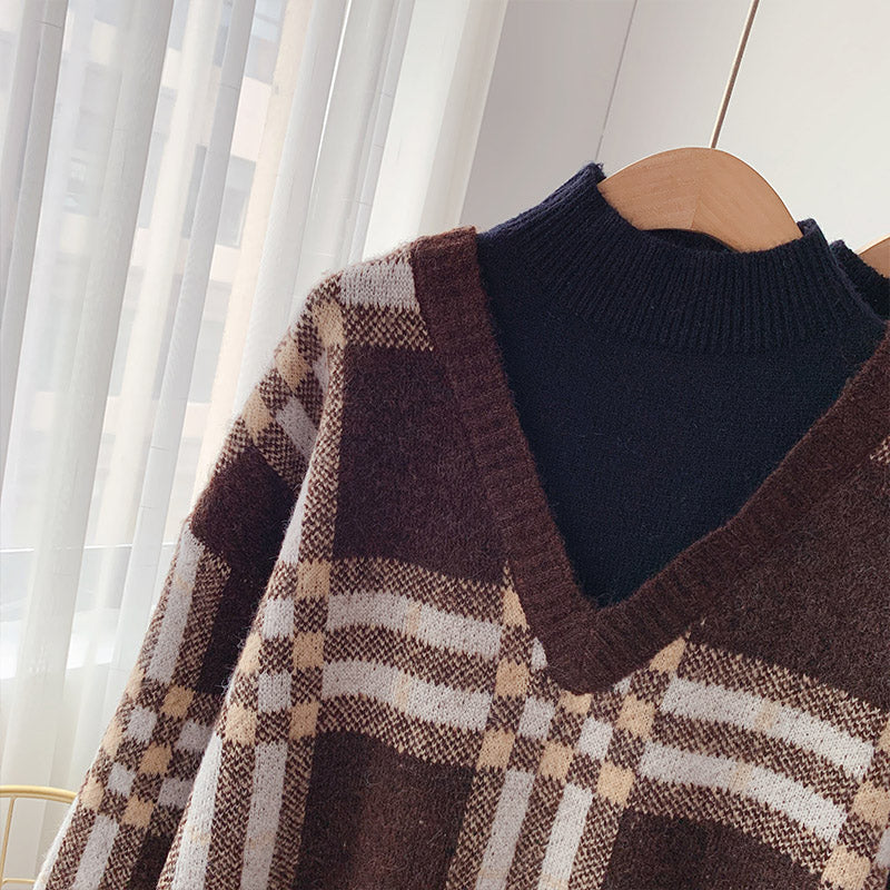 Vintage Plaid half high neck sweater 5033