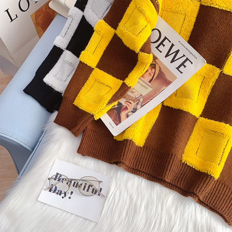 Lazy wind contrast plaid sweater 5063
