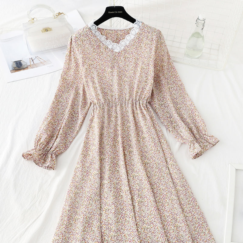 Korean cut waist lace up floral dress looks thin and bottomed skirt 4840