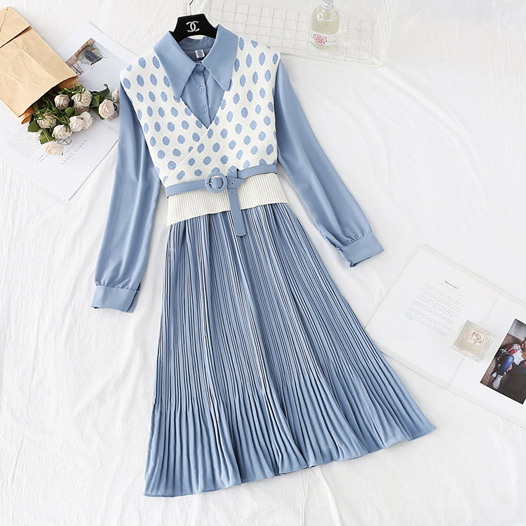 French retro wave point vest long skirt two-piece suit 4732