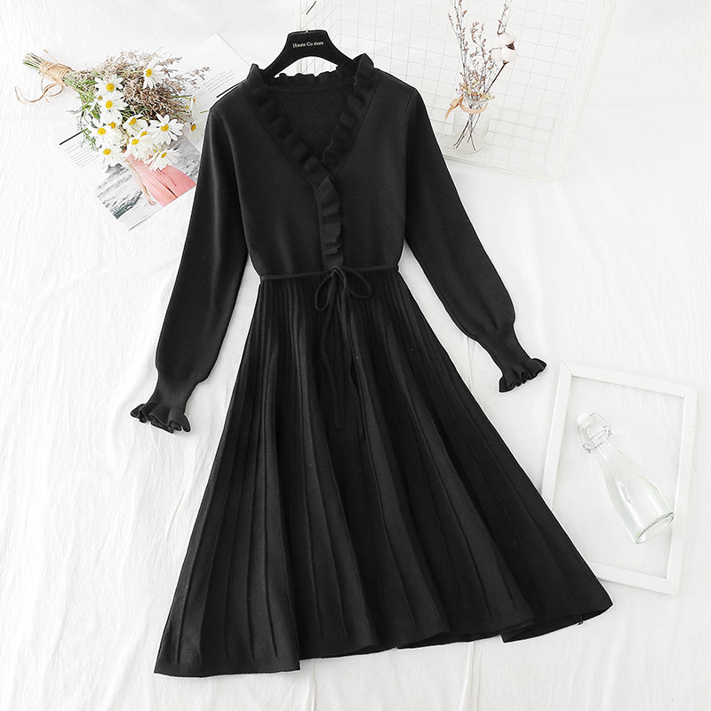 New slim lace up knitted skirt over the knee with temperament Christmas skirt 4801