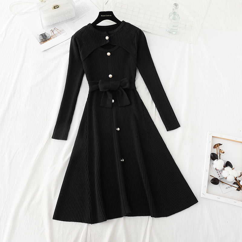 Hollow out pearl button slim waist over knee wool dress 4751