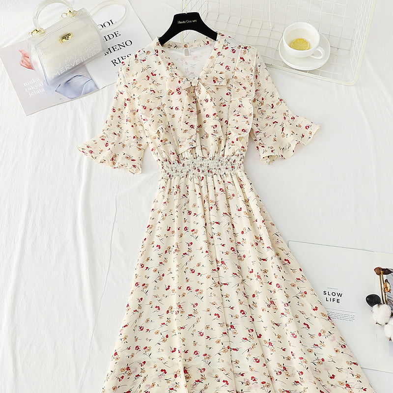Slim tea break chiffon skirt retro floral long skirt 4892
