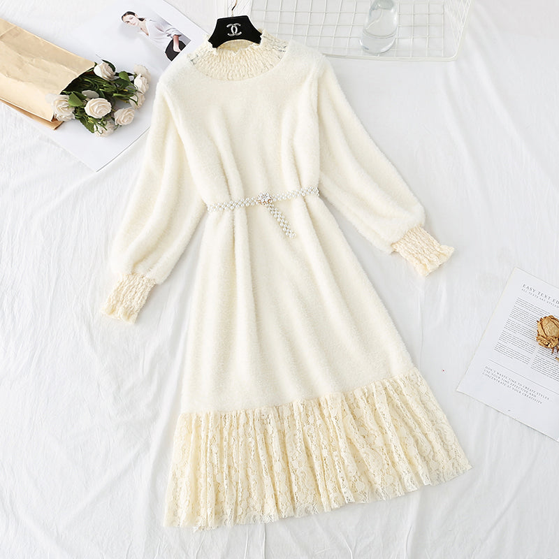 New style lace stitched knee length mink sweater with bottom skirt 4767