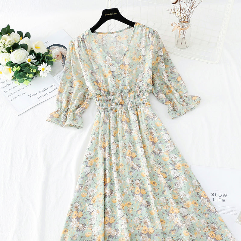 New French retro gentle fairy long skirt Short Sleeve Chiffon first love skirt 4854