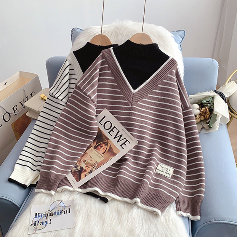 Half high collar fake two sweaters lazy wind stripe sweater 5013
