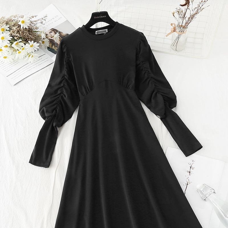 New women's bubble sleeve pleated belly covering dress 4811