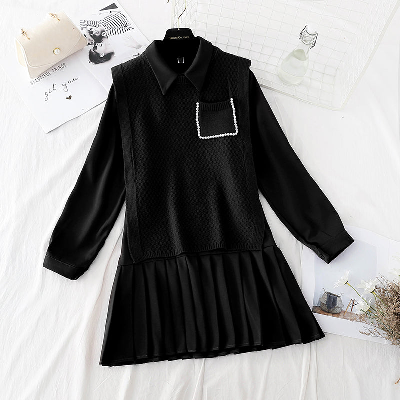 New knitted vest LONG SLEEVE bottomed Pleated Skirt Set 4818