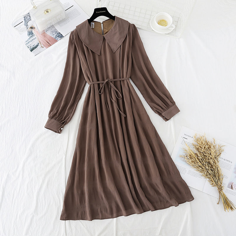 New solid color backing Lapel Chiffon Lace up gentle wind first love long skirt 4720