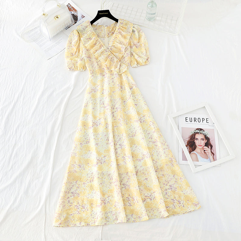 New style slim waist, gentle wind, broken Flower Chiffon French dress 4648
