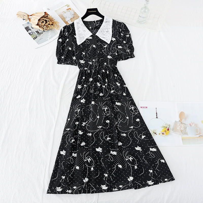 Lace doll neck with waist closed to show thin French gentle wind long skirt 4626