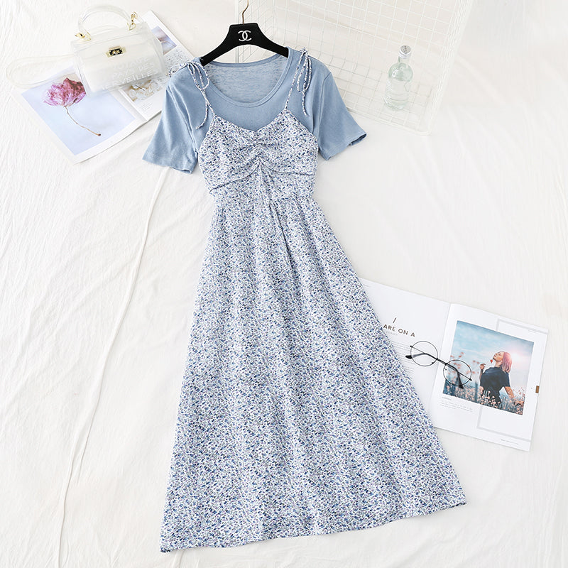 Small fresh sweet broken flower suspender dress 4587