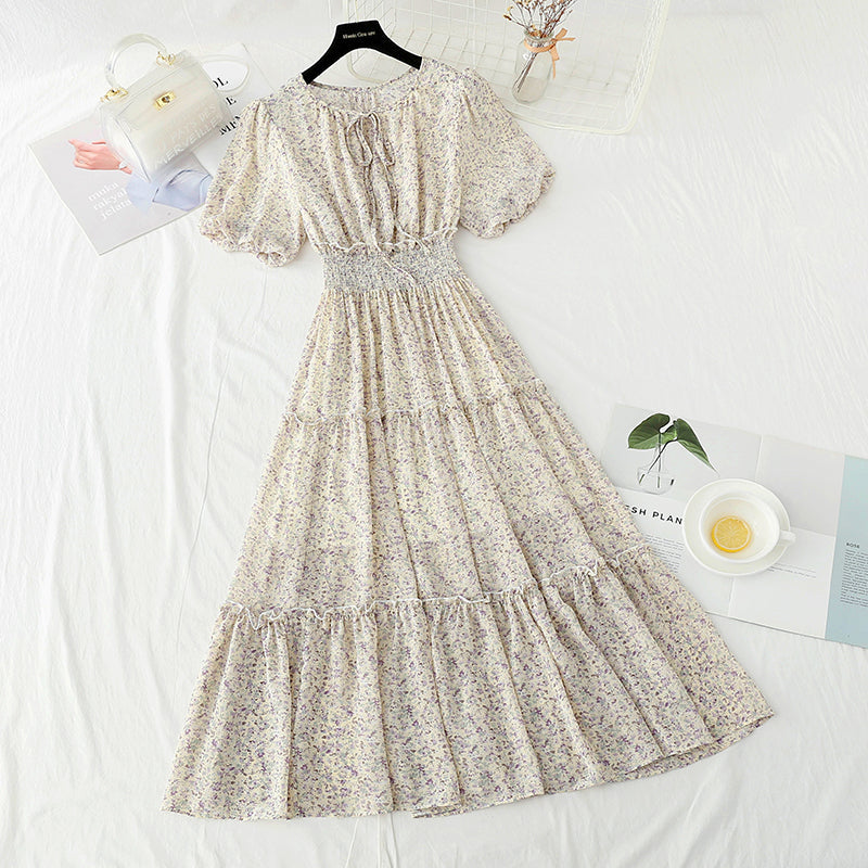 Gentle wind floral dress sweet fairy skirt bubble sleeve A-line skirt 4894