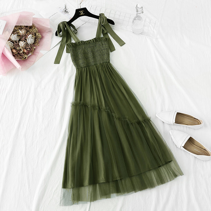 Gauze dress shows thin temperament at the waist. Fairy sweet suspender long skirt 4339