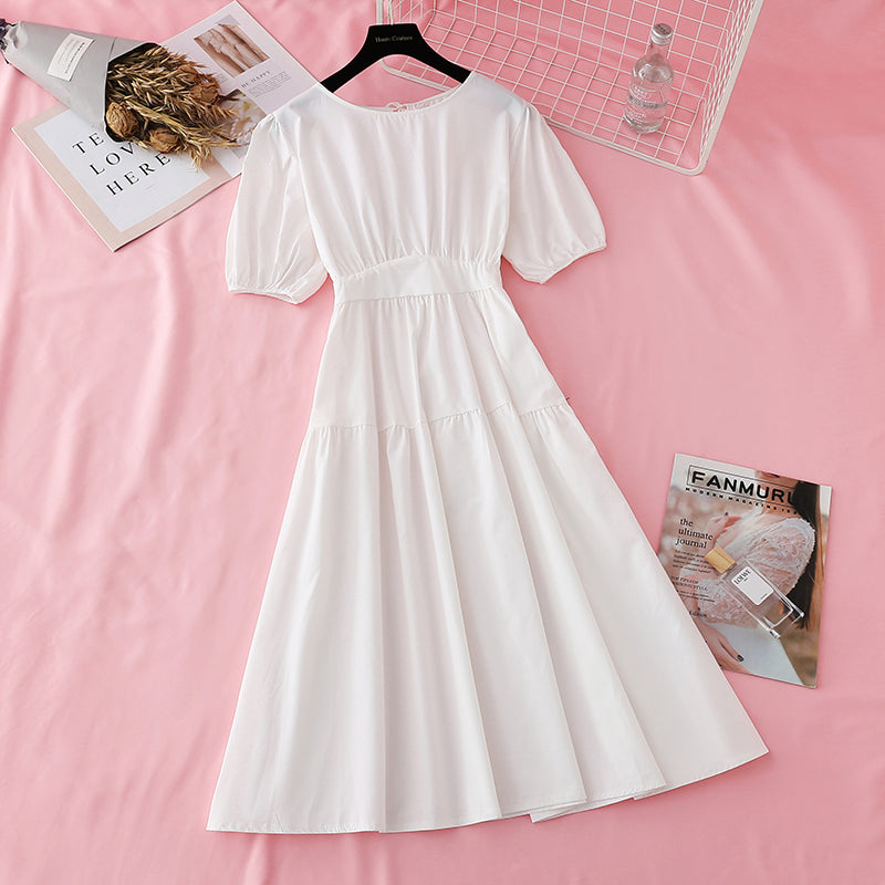 New style slim waist with bubble sleeves French minority long skirt 4506