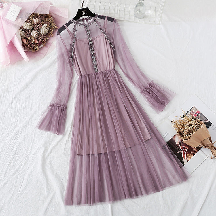 Heavy industry Rhinestone lace gauze dress 4356