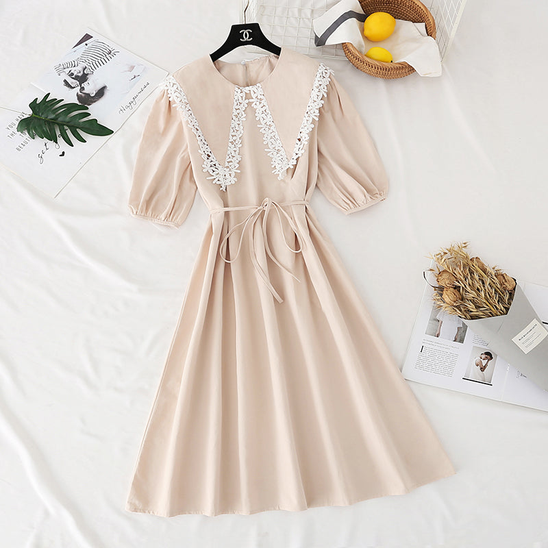 Lace doll neck cotton linen dress 4140