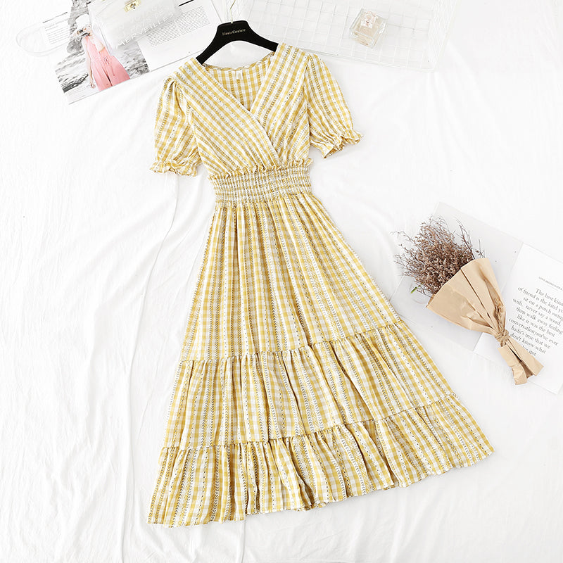 Ruffle Sleeve Plaid temperament dress goddess style thin dress 4206