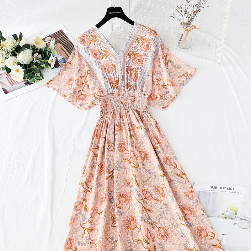Cotton linen dress French retro V-neck national style 4258