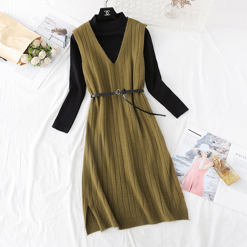 Bottomed shirt + knee length woolen dress set 4461