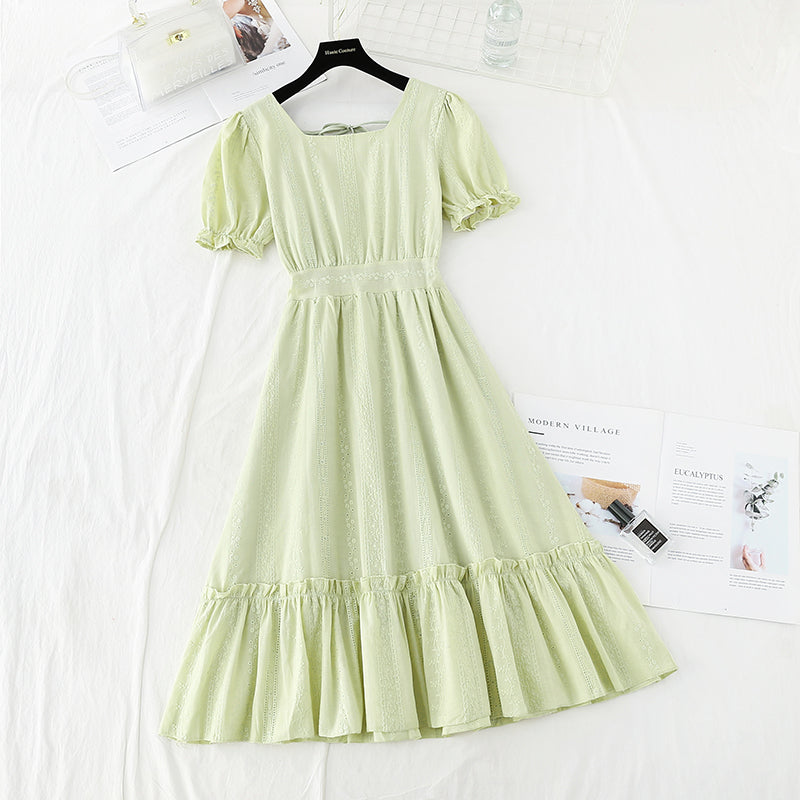 Cotton hemp hook embroidery French retro waist closing slim skirt 4202