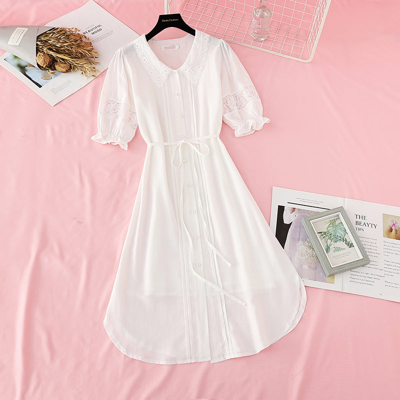 Cut out lace doll neck French dress with slim waist 4197