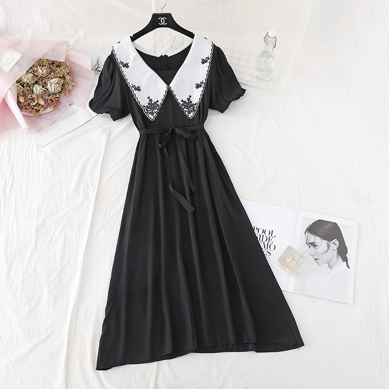 French retro waist closed to show thin temperament bubble sleeve skirt 4144