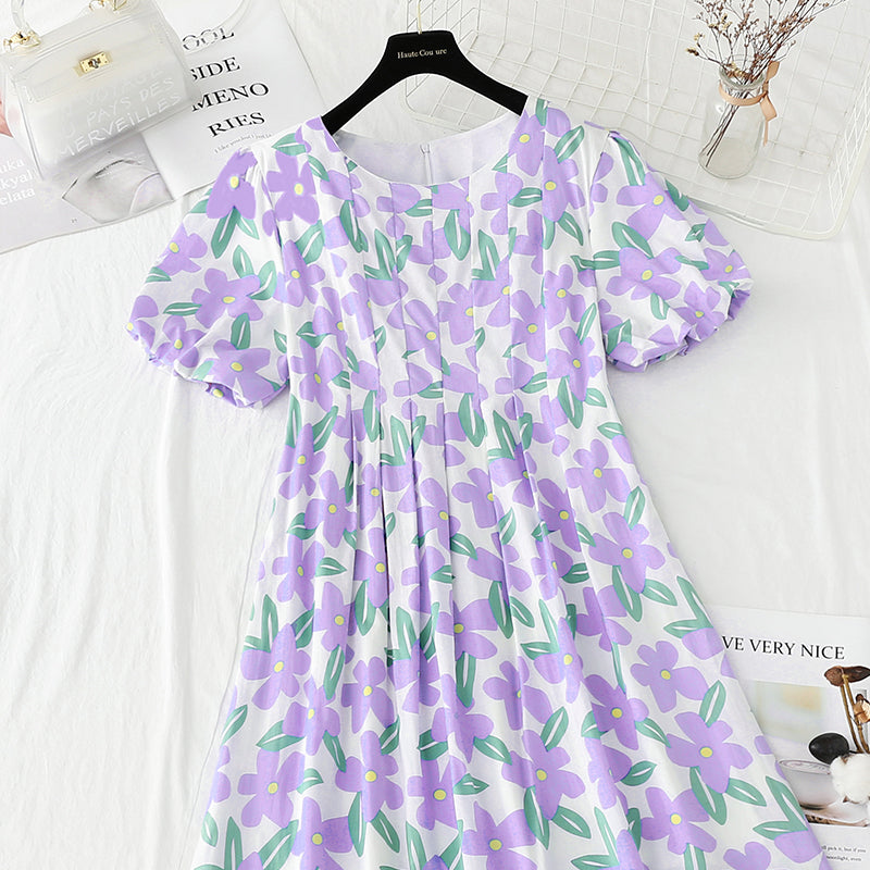 Bubble sleeve cotton linen dress gentle wind broken flowers 4248